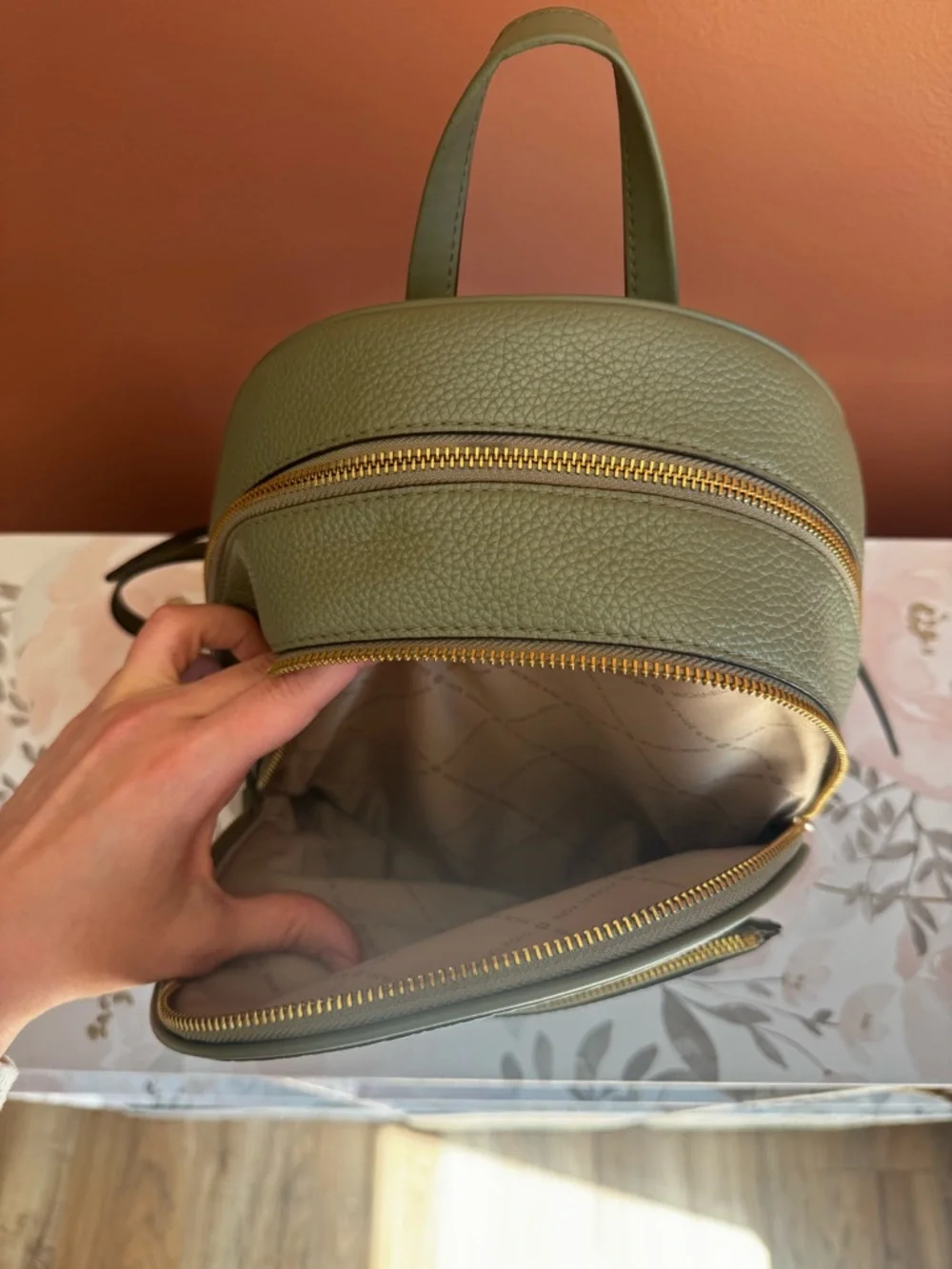 Michael Kors Olive Green Leather Backpack with Gold Hardwarw– Medium - Picture 9 of 12